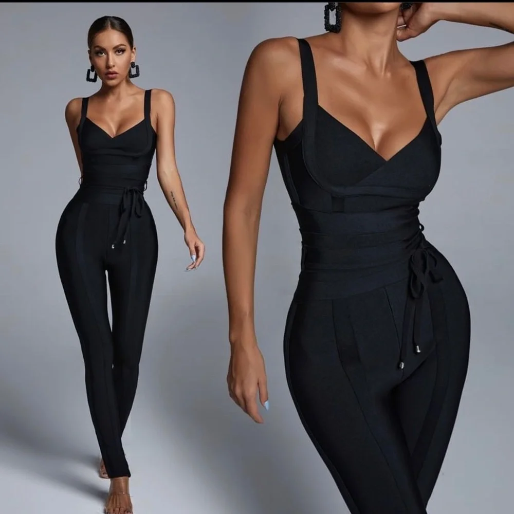 Bella: Bandage Jumpsuit w/ string belt -Black (Small) - Picture 1 of 4
